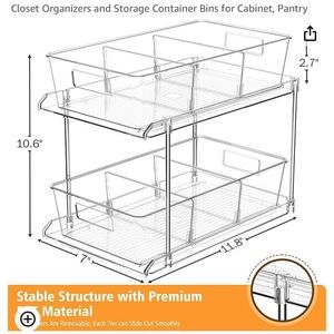 FabSpace Pull-out Home Organizers, 2 Tier Clear Storage with Dividers